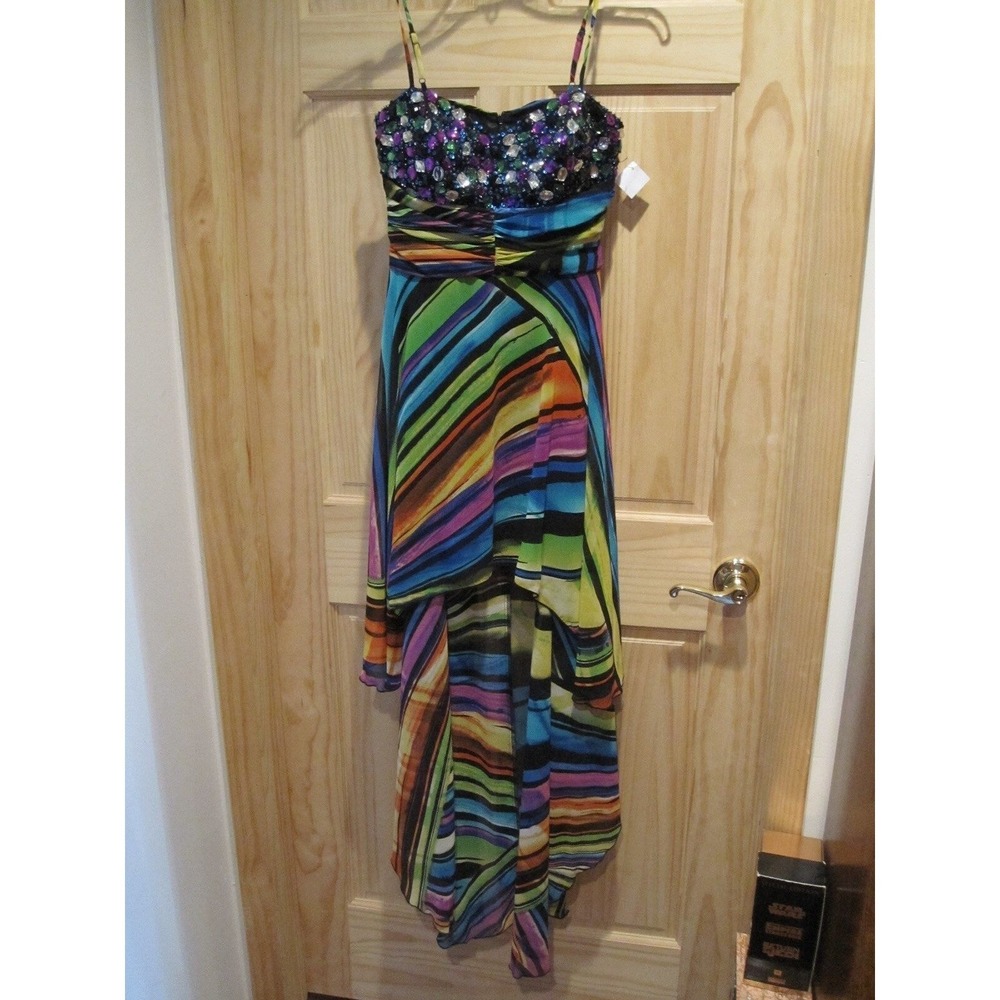 NEW deb Long/short Formal Dress Spaghetti Strap Multi Colored Rainbow 3/4 Gems!‎